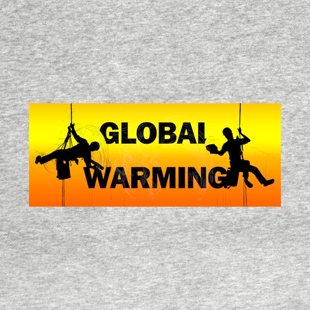 Global Warming - Typography, Two Window Cleaners Wiping Away The Word, Hot Orange Background by Earthworx